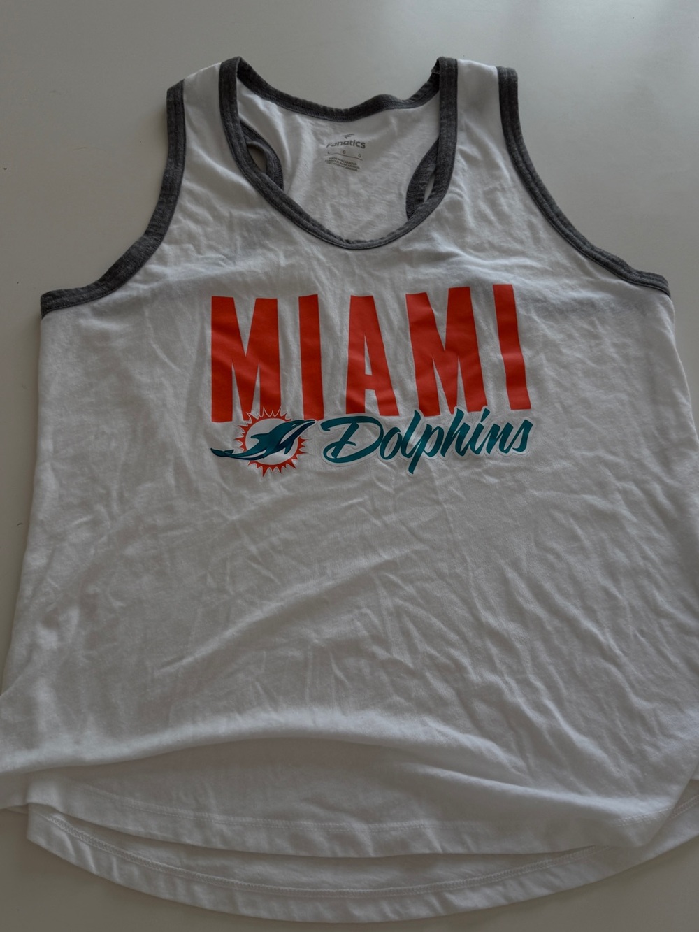 Fanatics Miami Dolphins White Tank Top with Teal & Orange Graphics